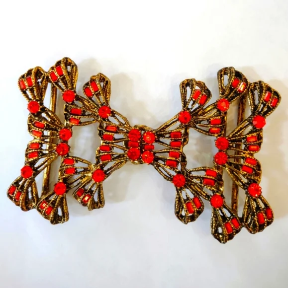 Vintage 1930s art deco brass red jeweled belt buckle Art Deco Rhinestone Belt Buckle: Ruby Red Crystal, 1920s  main image 2